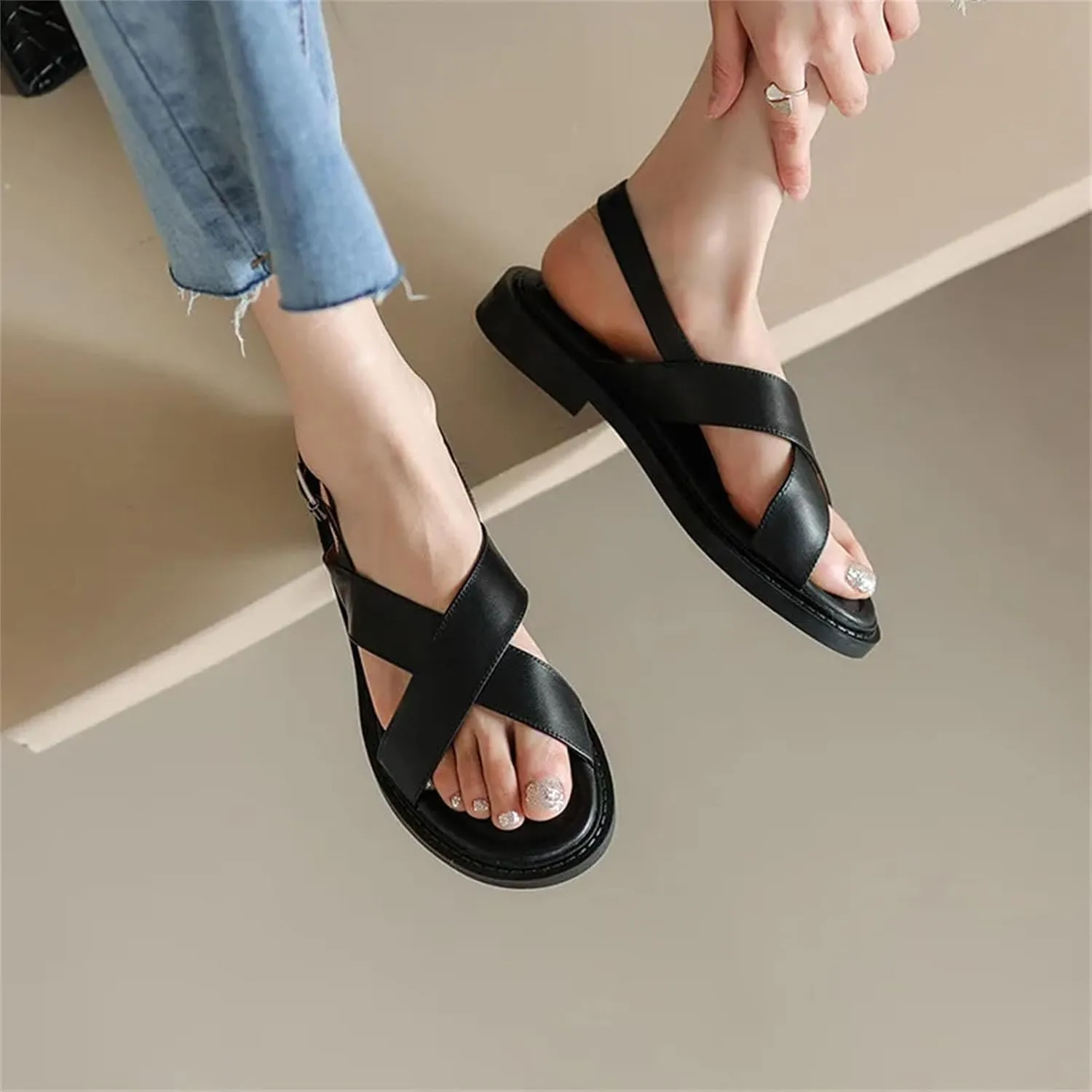 Women's Throwback-Inspired Gladiator Genuine Leather Sandals - Low Heels, Casual Office Summer Fashion