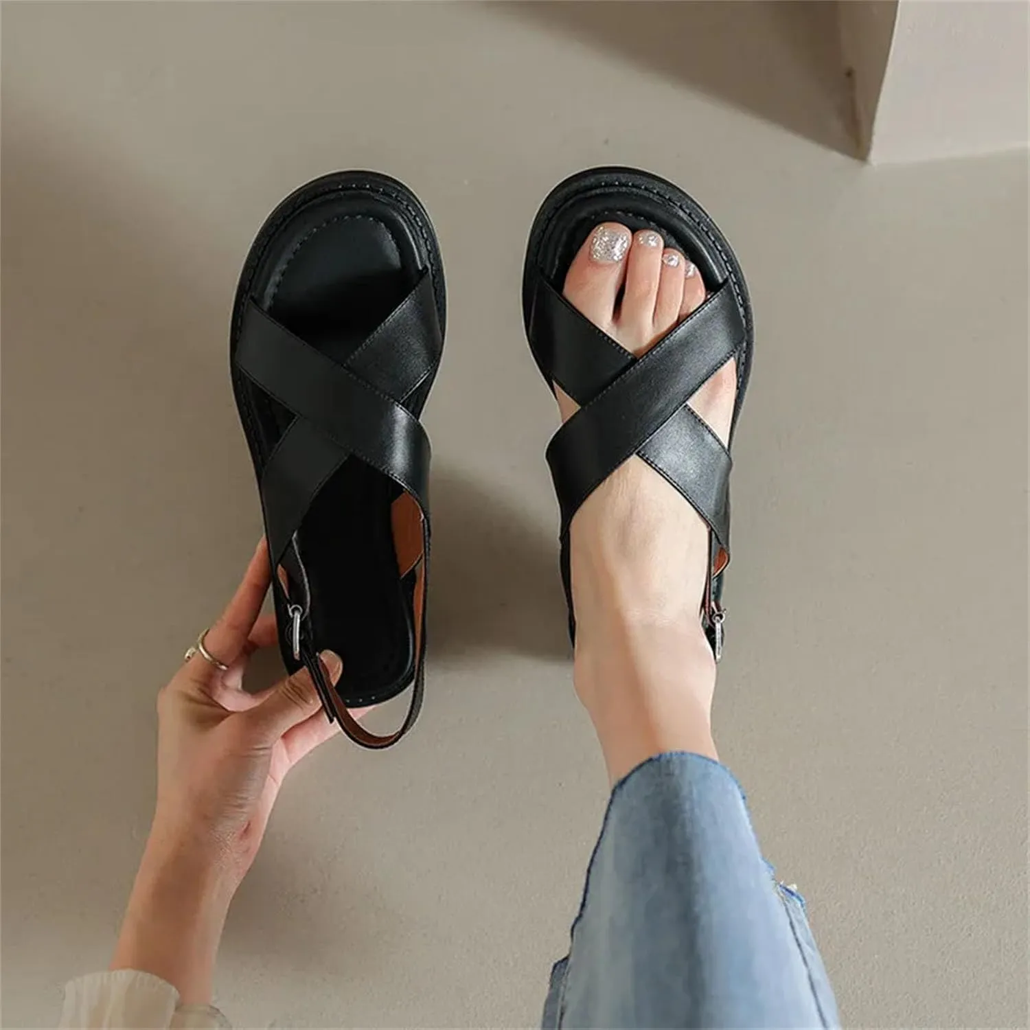 Women's Throwback-Inspired Gladiator Genuine Leather Sandals - Low Heels, Casual Office Summer Fashion