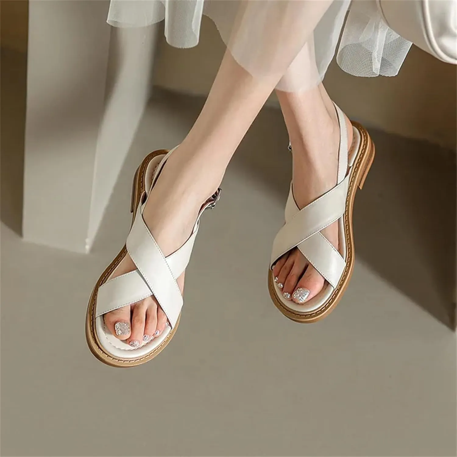 Women's Throwback-Inspired Gladiator Genuine Leather Sandals - Low Heels, Casual Office Summer Fashion