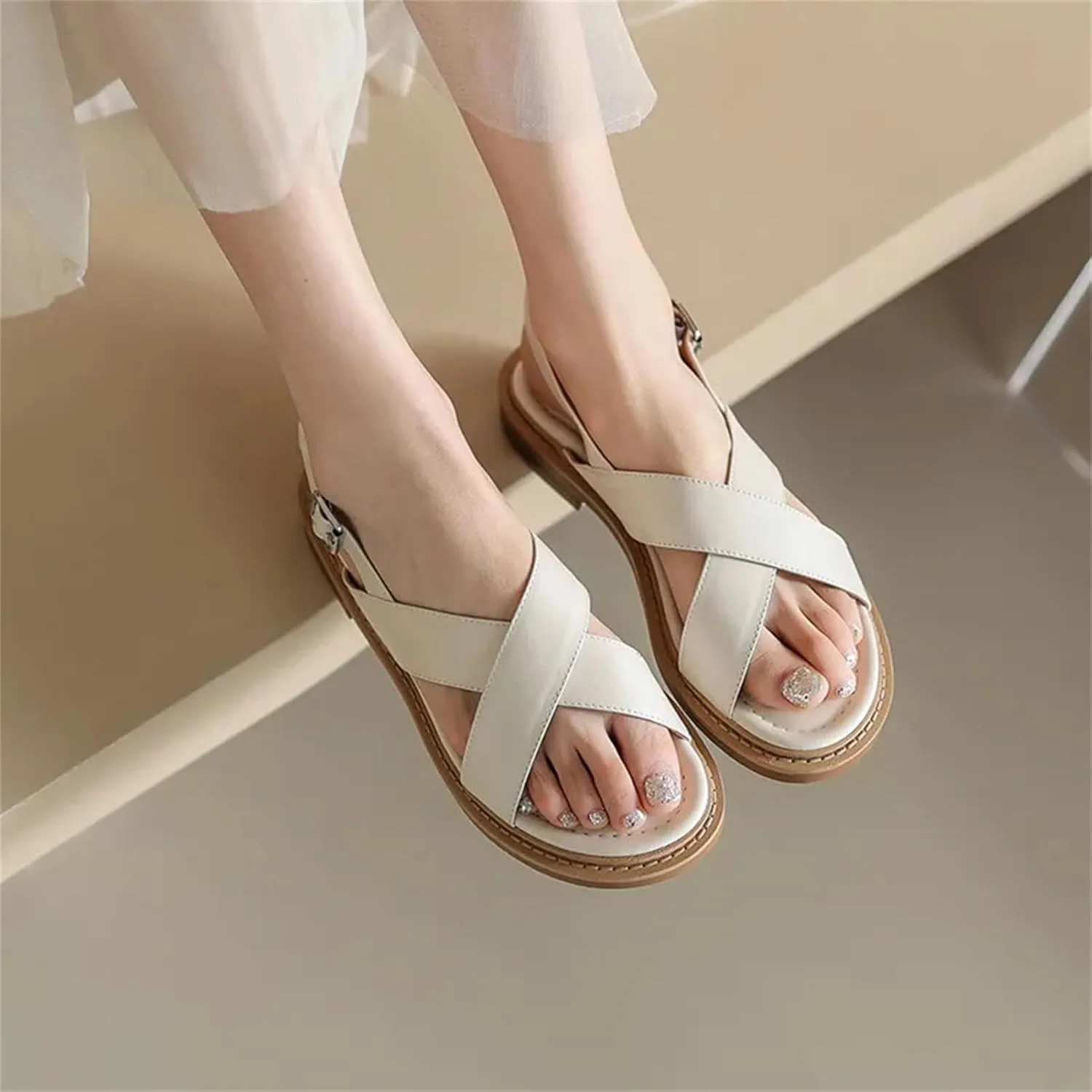 Women's Throwback-Inspired Gladiator Genuine Leather Sandals - Low Heels, Casual Office Summer Fashion