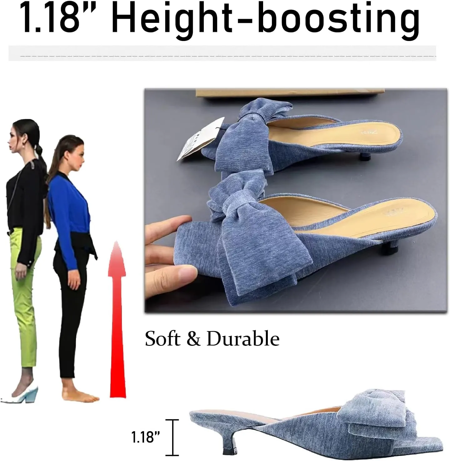 Women's Velvet Bow Kitten Heels Sandals Fashion Comfortable Open Square Toe Slip On Low Stiletto Mules Slides for Daily Work Wedding Party Dress Slippers