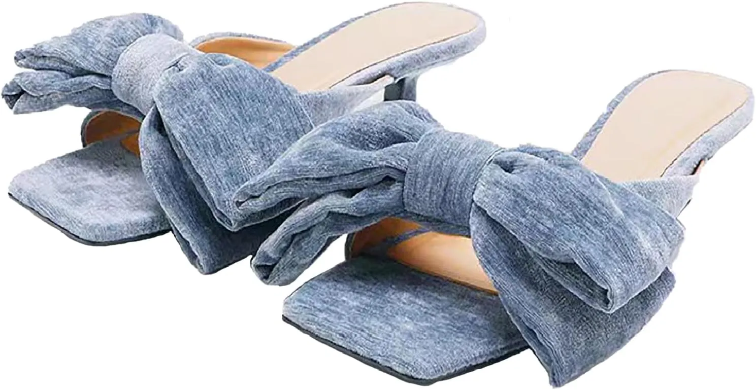 Women's Velvet Bow Kitten Heels Sandals Fashion Comfortable Open Square Toe Slip On Low Stiletto Mules Slides for Daily Work Wedding Party Dress Slippers