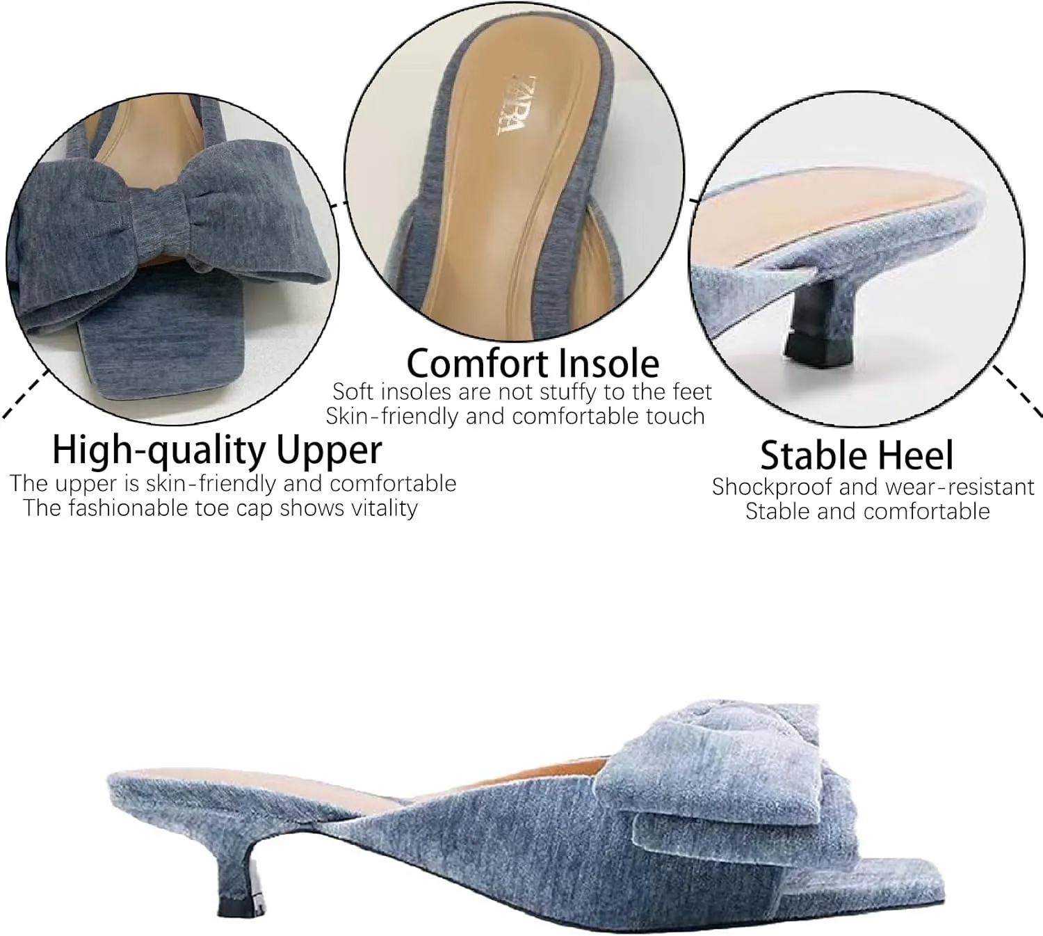 Women's Velvet Bow Kitten Heels Sandals Fashion Comfortable Open Square Toe Slip On Low Stiletto Mules Slides for Daily Work Wedding Party Dress Slippers