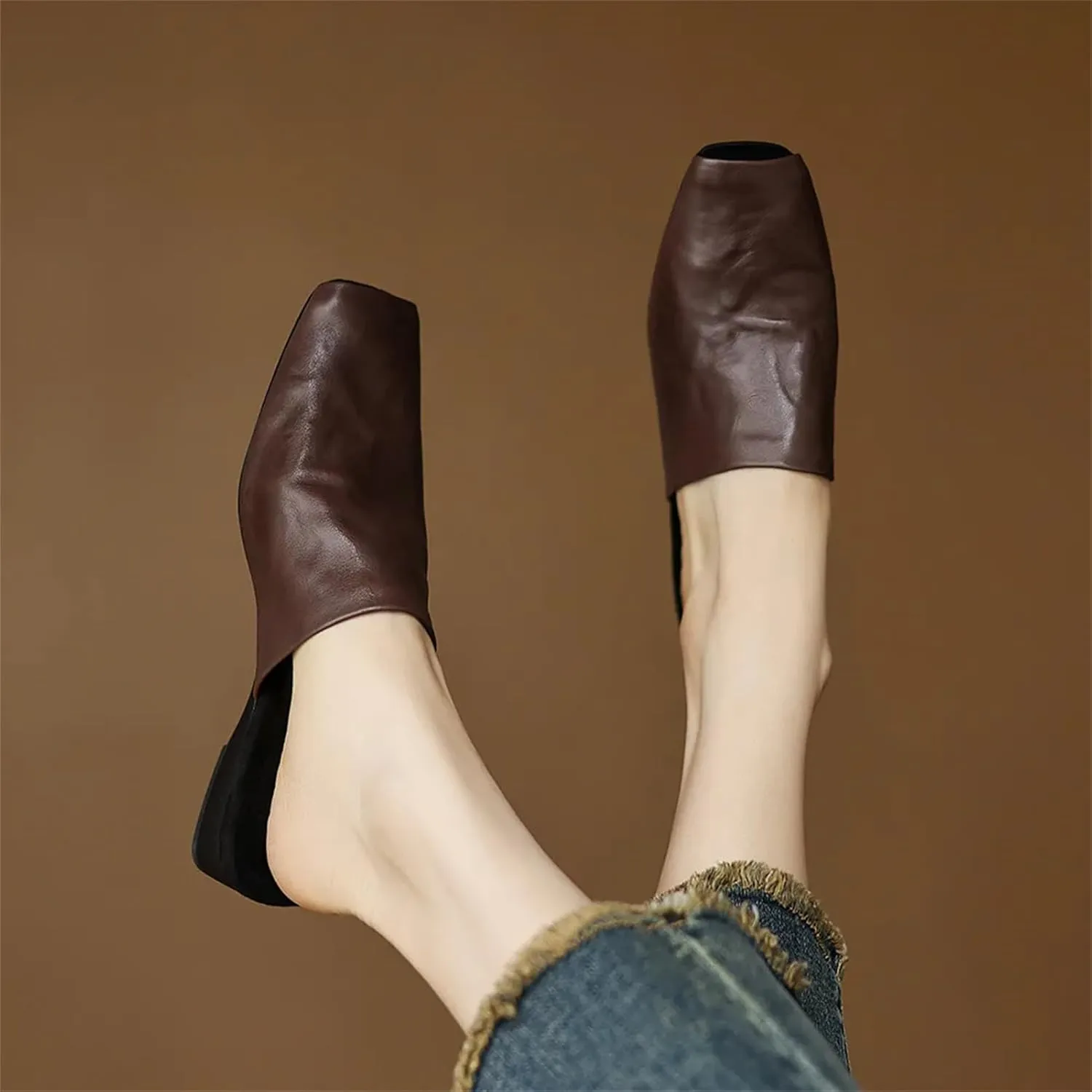 Women's Vintage Square Toe Sandals - Genuine Leather Thick Heels, Summer Casual Fashion Sandals