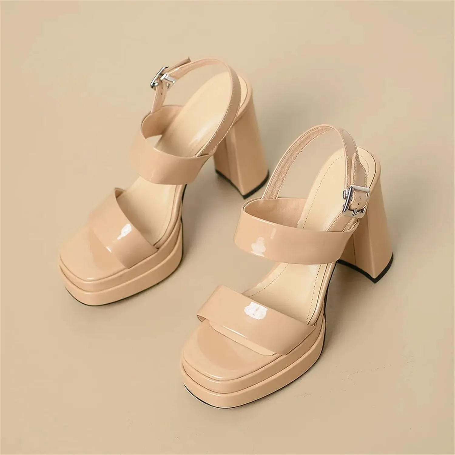 Women's Vintage Square Toe Sandals - Genuine Leather Thick Heels, Summer Casual Fashion Shoes