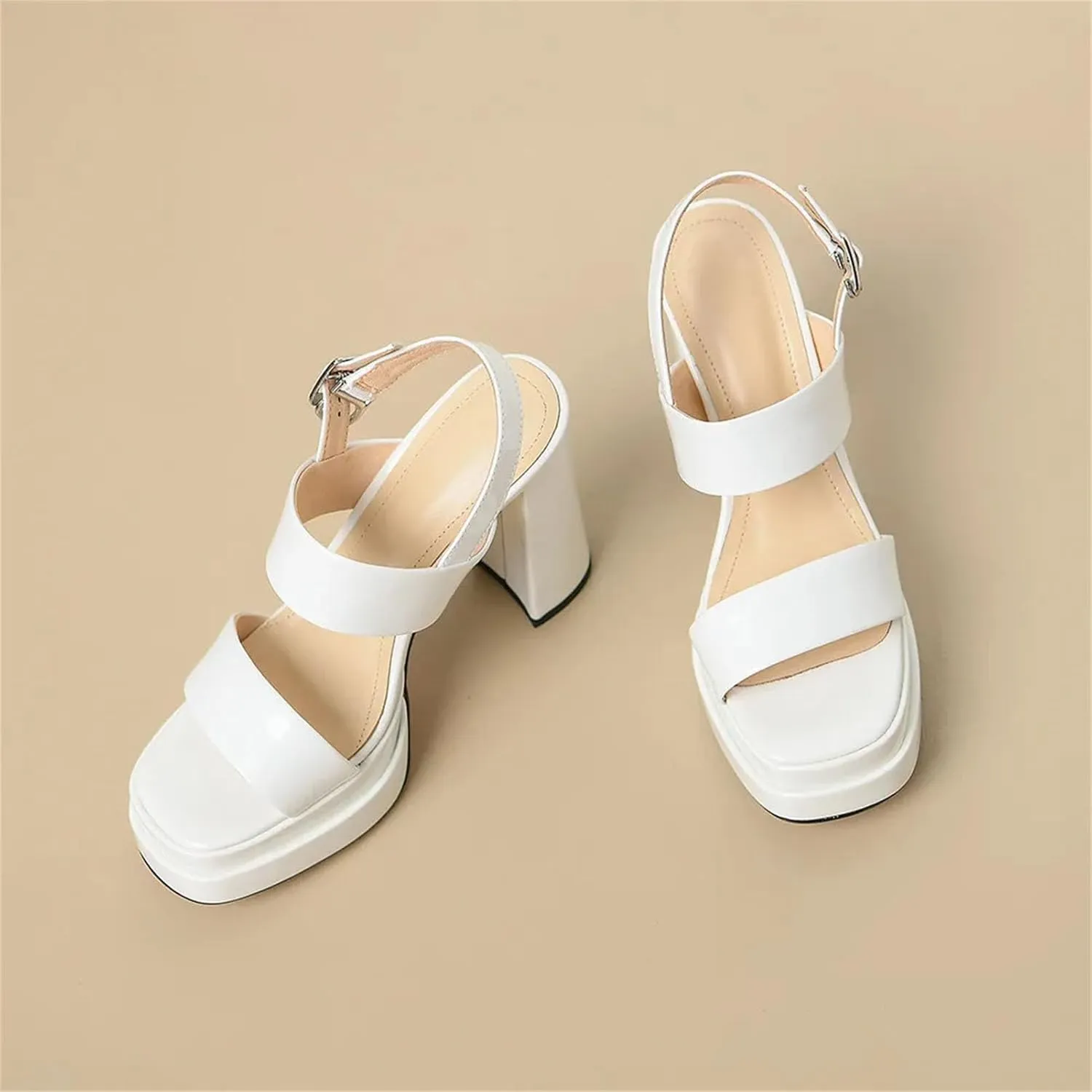 Women's Vintage Square Toe Sandals - Genuine Leather Thick Heels, Summer Casual Fashion Shoes