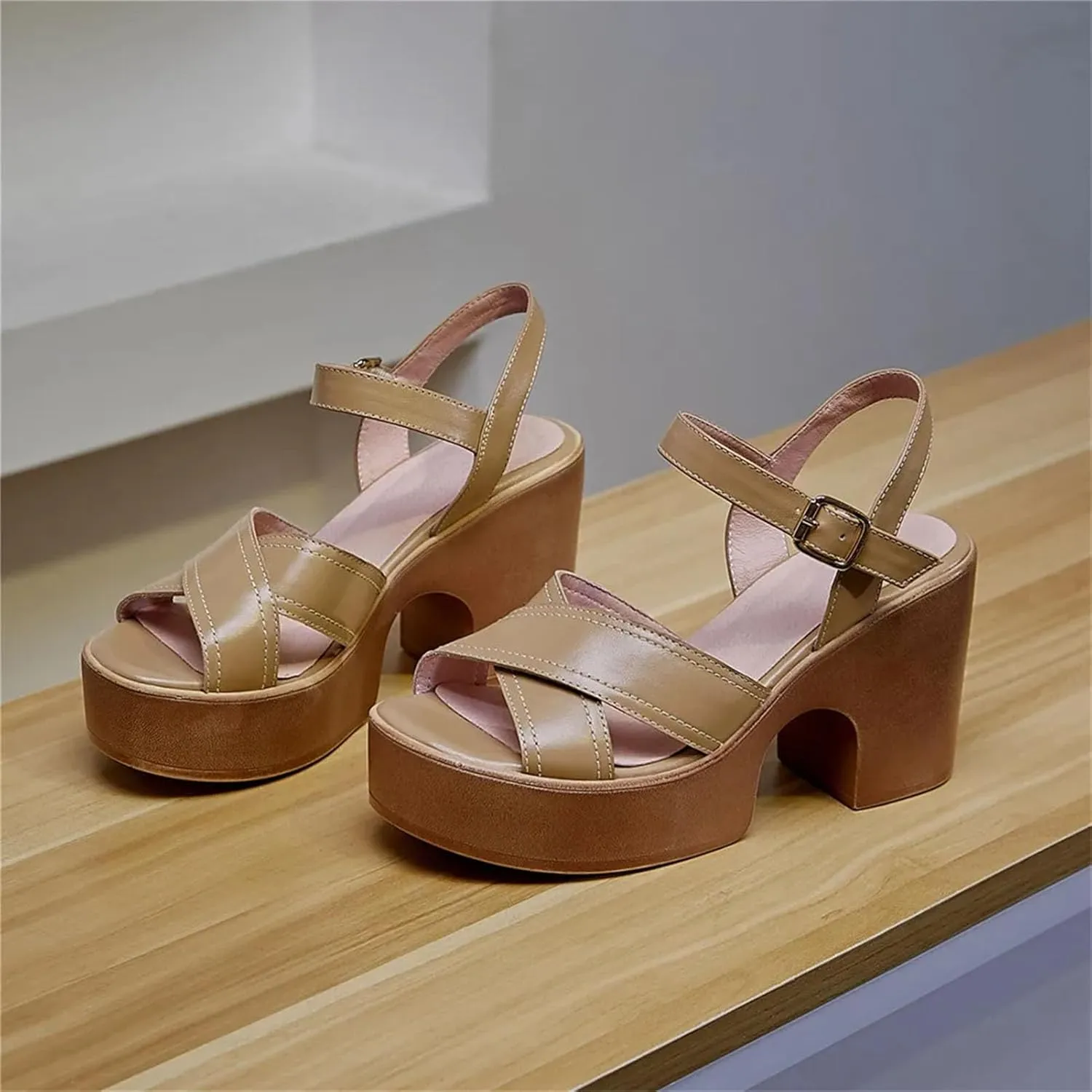 Women's Vintage Square Toe Sandals - Genuine Leather Thick Heels, Summer Casual