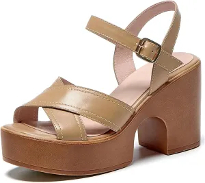 Women's Vintage Square Toe Sandals - Genuine Leather Thick Heels, Summer Casual