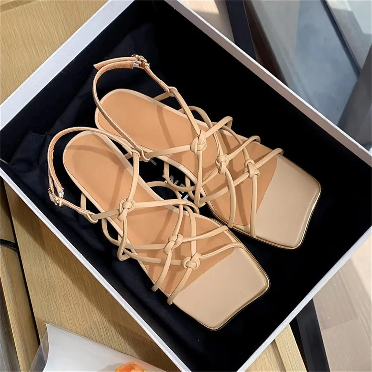 Women's Weave Leather Sandals - Square Toe Thick Heels, Plus Size Summer Party