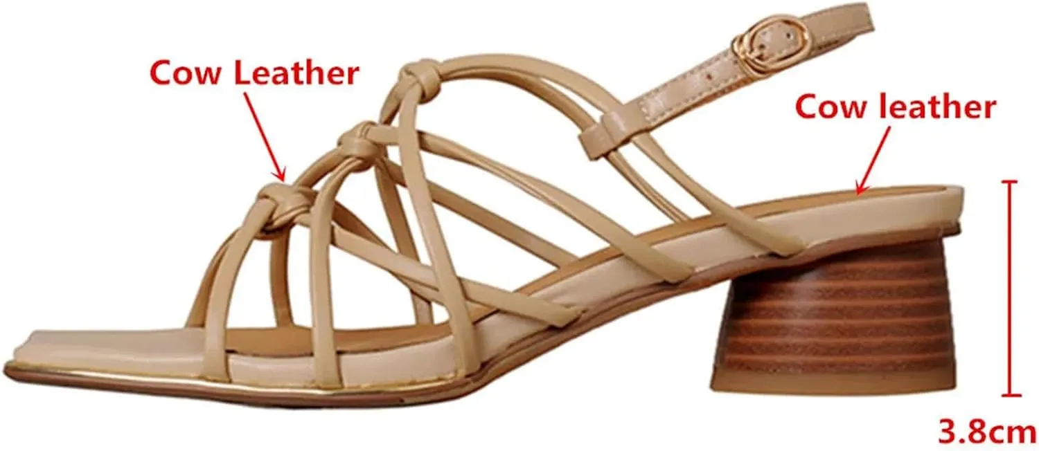 Women's Weave Leather Sandals - Square Toe Thick Heels, Plus Size Summer Party