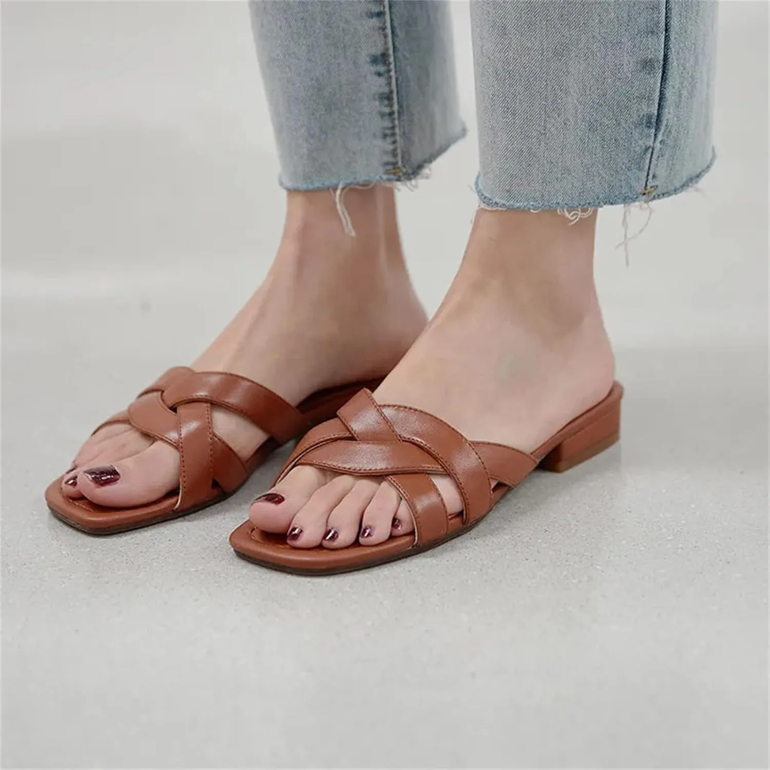 Women's Woven Hollow Leather Slippers - Low Heels Summer Casual, Fashion Arrival Flats