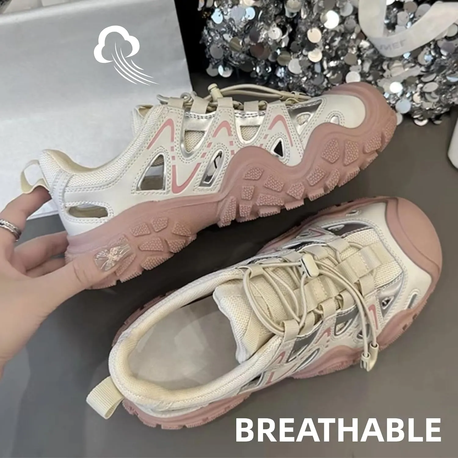 Y2k Platform Chunky Sneakers for Women's Retro Mesh Breathable Aesthetic Summer Casual Walking Shoes for Climbing Hiking