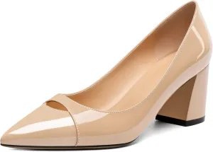 Zamikoo Women's Mid Block Heel Pumps, Pointed Toe Slip On Chunky Heels Ladies Work Office Dress Shoes 2.5 Inches