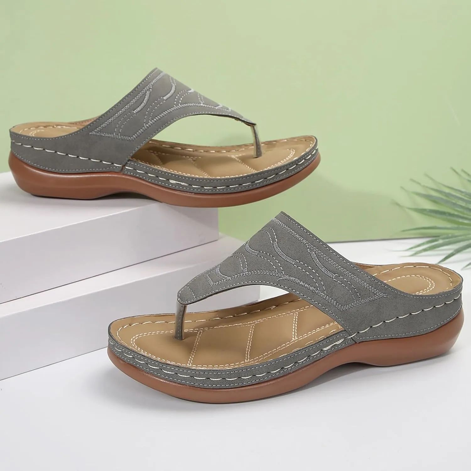 ZSpzx Wedge Sandals For Women 2025,Support Arch Cushion Slippers Non-Slip Fashion Flops Flip Party Dance Dress Breathable Footwear Walking Leather Vacation Comfortable Orthopedic Daily Wear