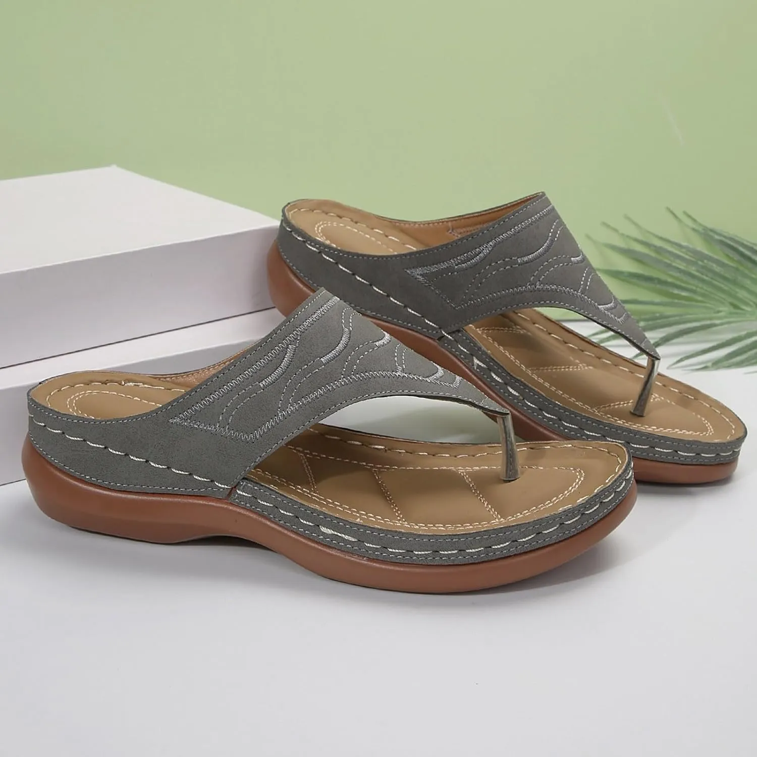 ZSpzx Wedge Sandals For Women 2025,Support Arch Cushion Slippers Non-Slip Fashion Flops Flip Party Dance Dress Breathable Footwear Walking Leather Vacation Comfortable Orthopedic Daily Wear