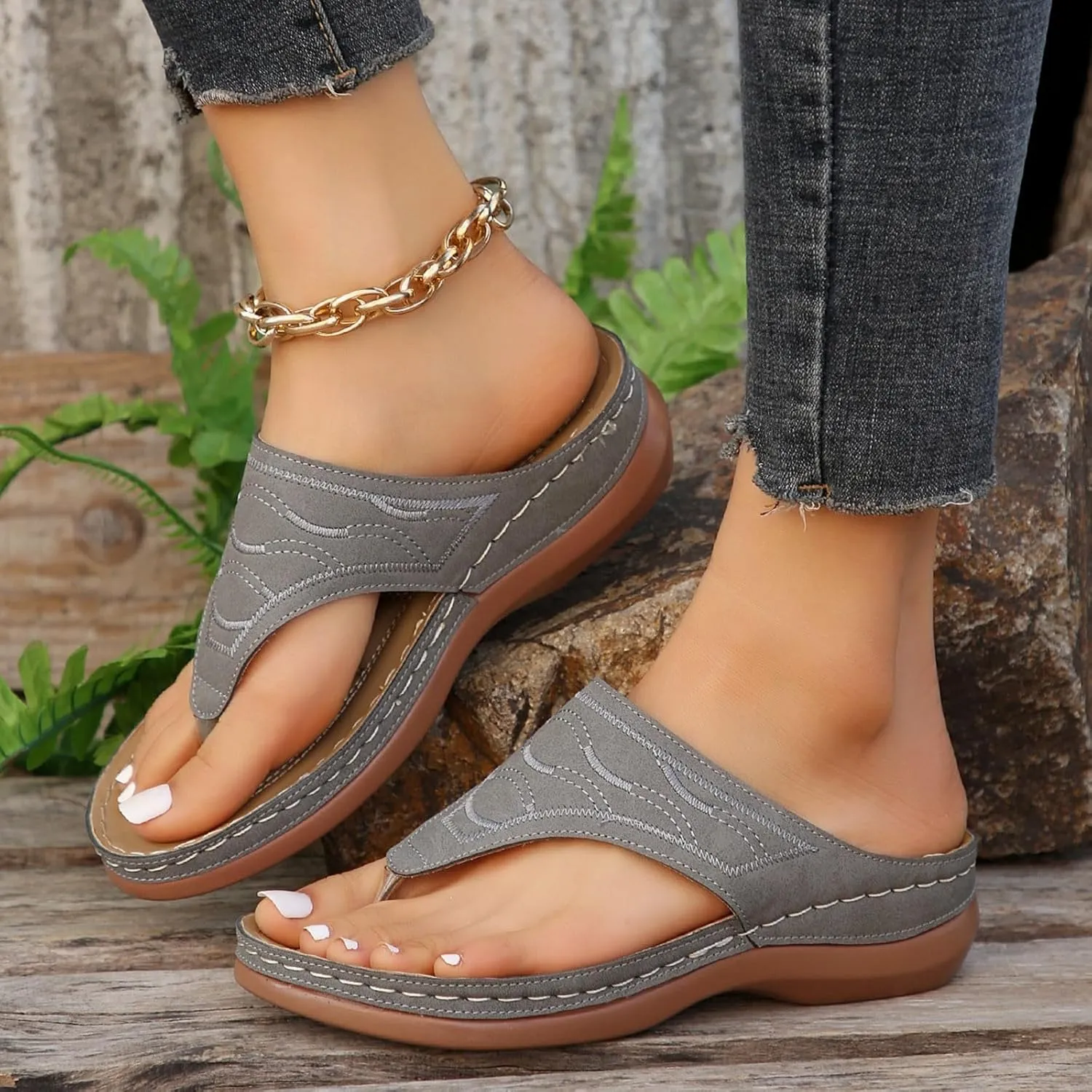 ZSpzx Wedge Sandals For Women 2025,Support Arch Cushion Slippers Non-Slip Fashion Flops Flip Party Dance Dress Breathable Footwear Walking Leather Vacation Comfortable Orthopedic Daily Wear