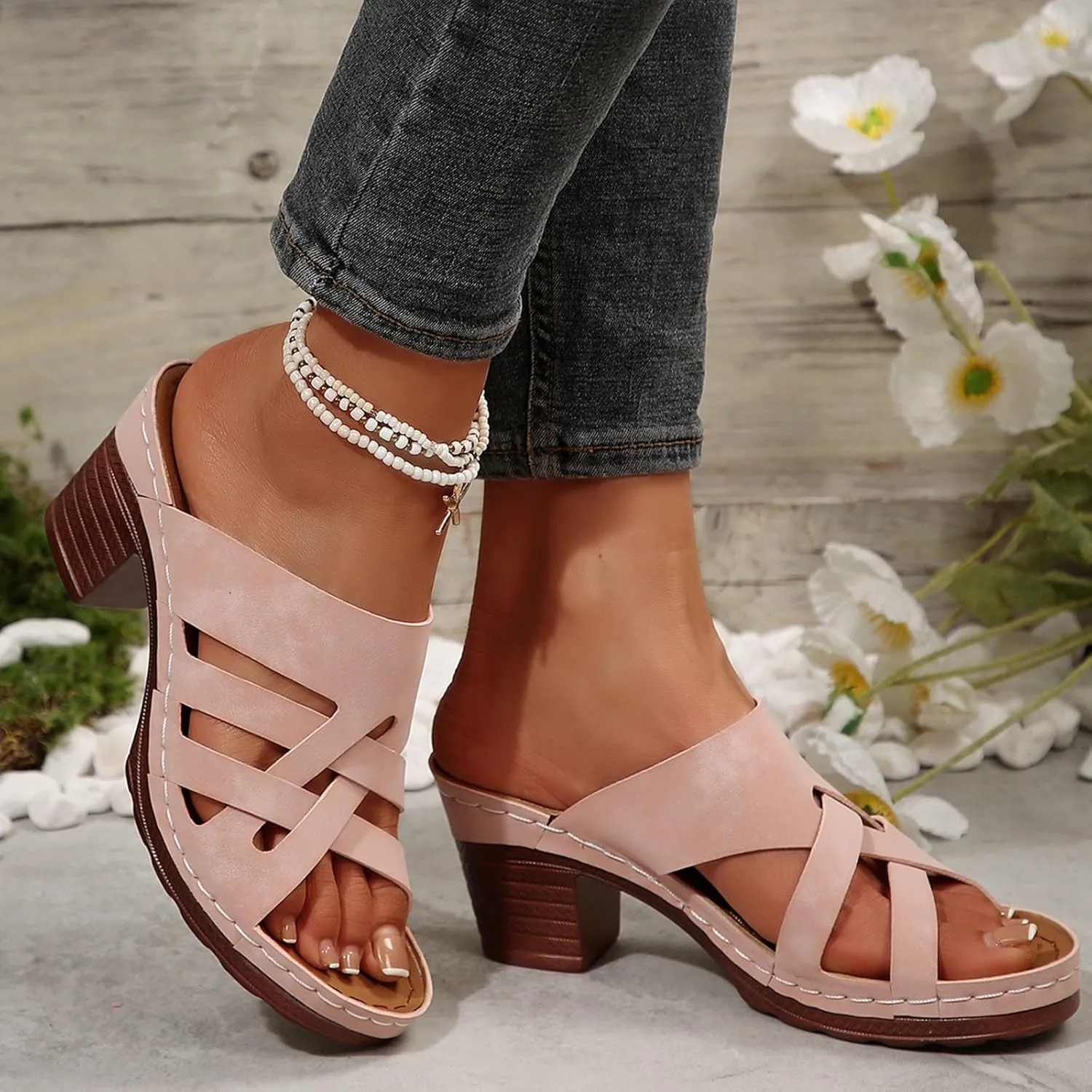 ZSpzx Women Chunky Heels Sandals 2025,Fashion Summer Peep Toe Breathable Beach Vacation Slippers Comfortable Ladies Dress Slip-On Casual Shoe Indoor/Outdoor Walking Footwear Daily Wear Soft Cushion