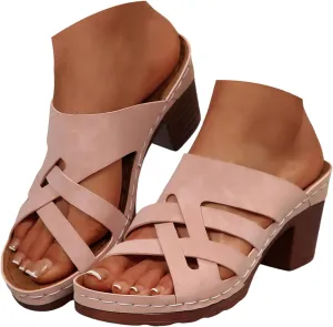 ZSpzx Women Chunky Heels Sandals 2025,Fashion Summer Peep Toe Breathable Beach Vacation Slippers Comfortable Ladies Dress Slip-On Casual Shoe Indoor/Outdoor Walking Footwear Daily Wear Soft Cushion