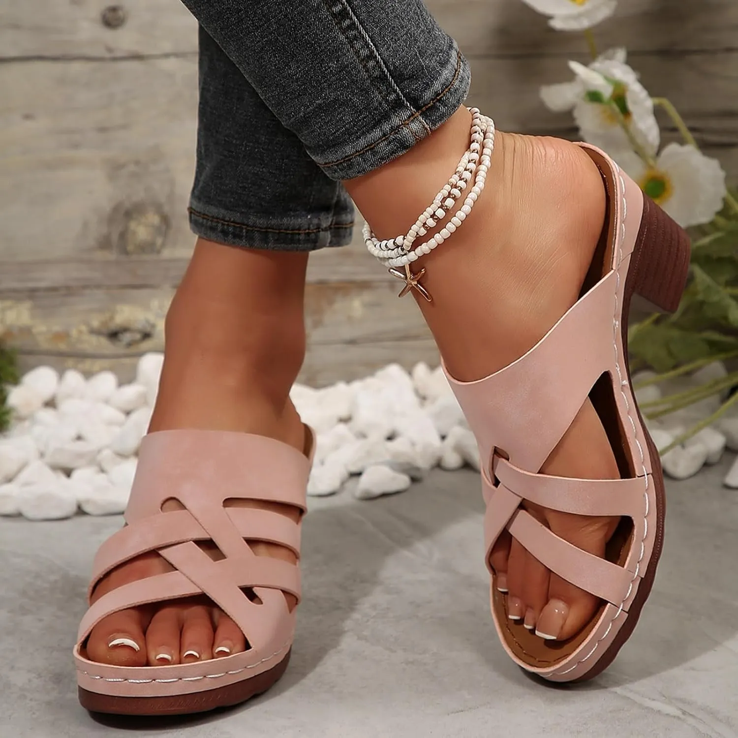ZSpzx Women Chunky Heels Sandals 2025,Fashion Summer Peep Toe Breathable Beach Vacation Slippers Comfortable Ladies Dress Slip-On Casual Shoe Indoor/Outdoor Walking Footwear Daily Wear Soft Cushion