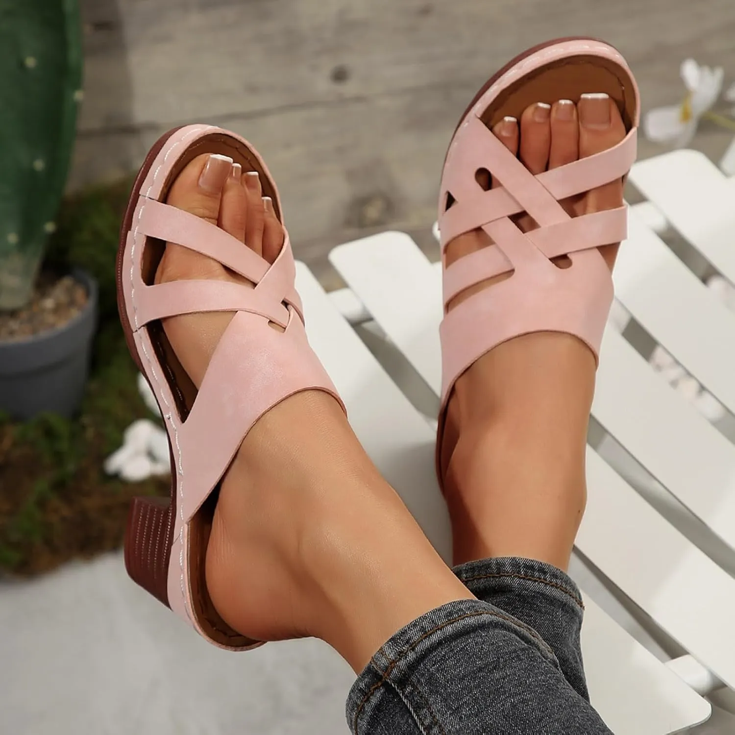 ZSpzx Women Chunky Heels Sandals 2025,Fashion Summer Peep Toe Breathable Beach Vacation Slippers Comfortable Ladies Dress Slip-On Casual Shoe Indoor/Outdoor Walking Footwear Daily Wear Soft Cushion