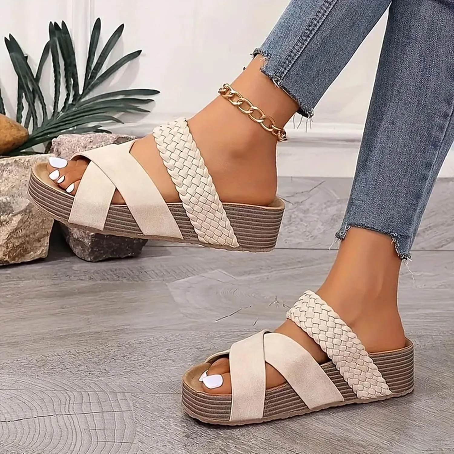 ZSpzx Women Wedge Sandals 2025,Comfortable Fashion Weave Walking Footwear Summer Beach Vacation Slippers Peep Toe Soft Cushion Platform Slides Breathable Indoor/Outdoor Slip-On Casual Shoe Daily Wear