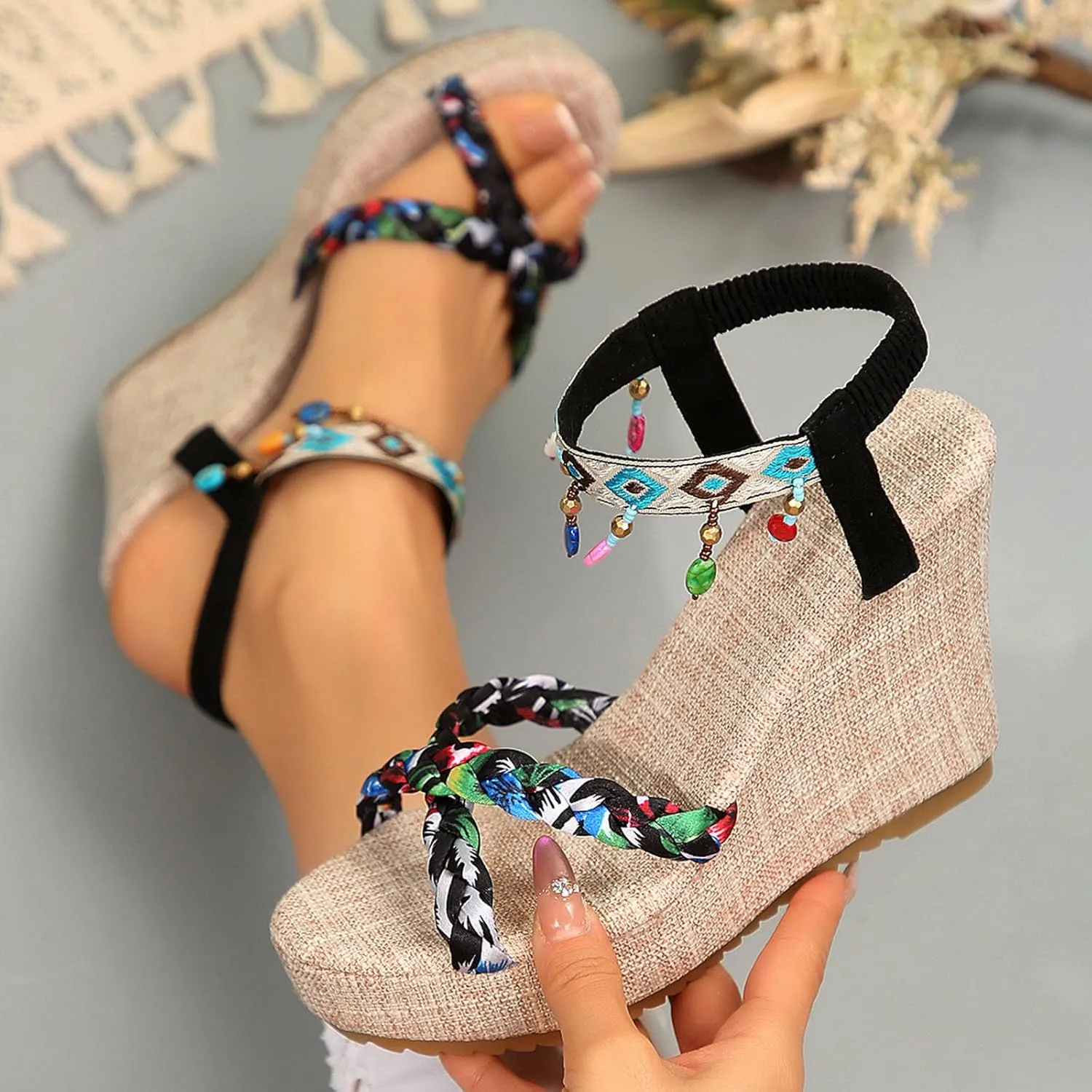 ZSpzx Women Wedge Sandals 2025,Fashion Boho Non-Slip Height Increase Walking Footwear Breathable Comfortable Beach Vacation Slippers Summer Indoor/Outdoor Slip-On Espadrilles Platform Casual Shoe