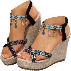 ZSpzx Women Wedge Sandals 2025,Fashion Boho Non-Slip Height Increase Walking Footwear Breathable Comfortable Beach Vacation Slippers Summer Indoor/Outdoor Slip-On Espadrilles Platform Casual Shoe