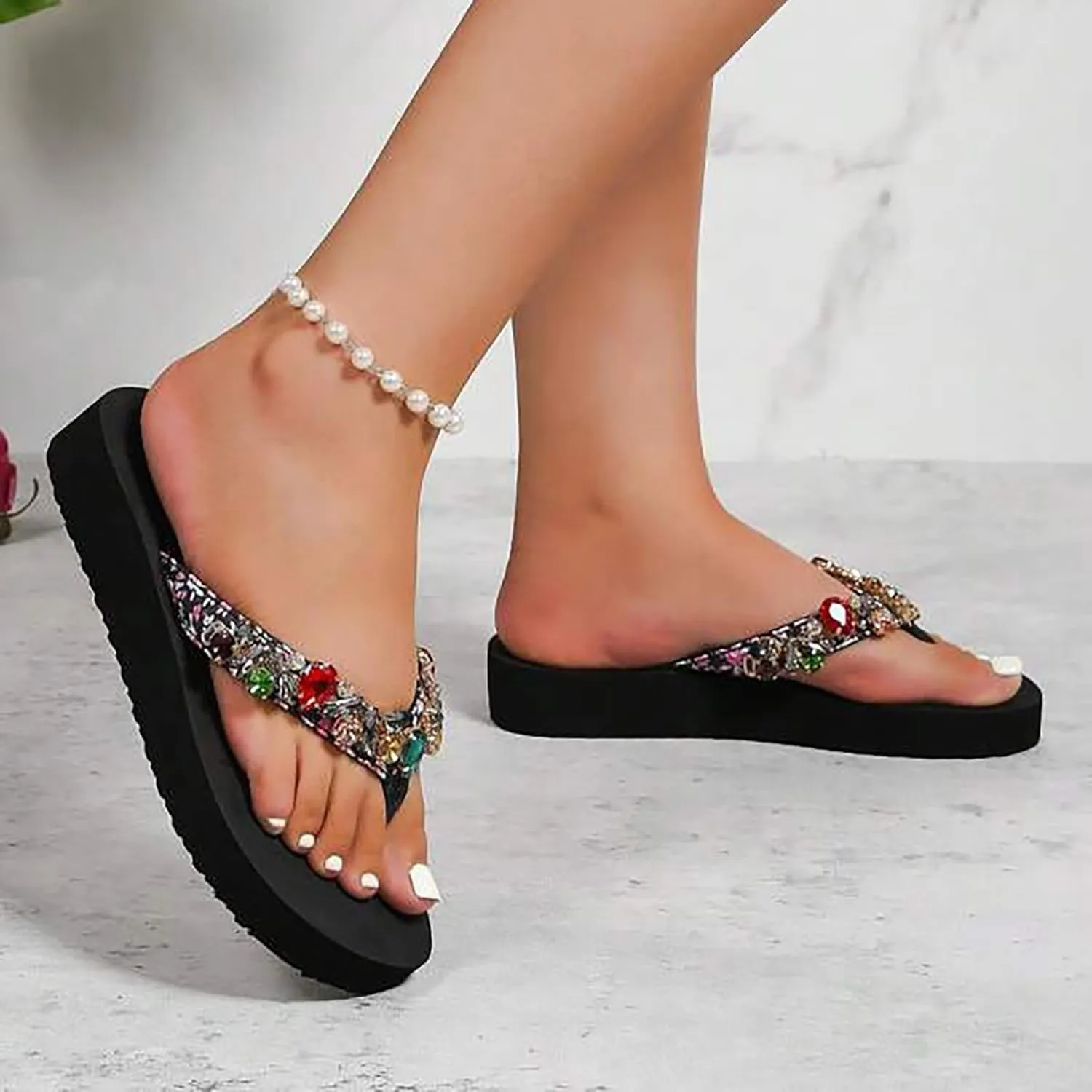 ZSpzx Women Wedge Sandals 2025,Fashion Retro Rhinestone Clip Toe Flip Flops Comfortable Ladies Dress Slip-On Slides Summer Beach Vacation Slippers Breathable Indoor/Outdoor Daily Wear Casual Shoe