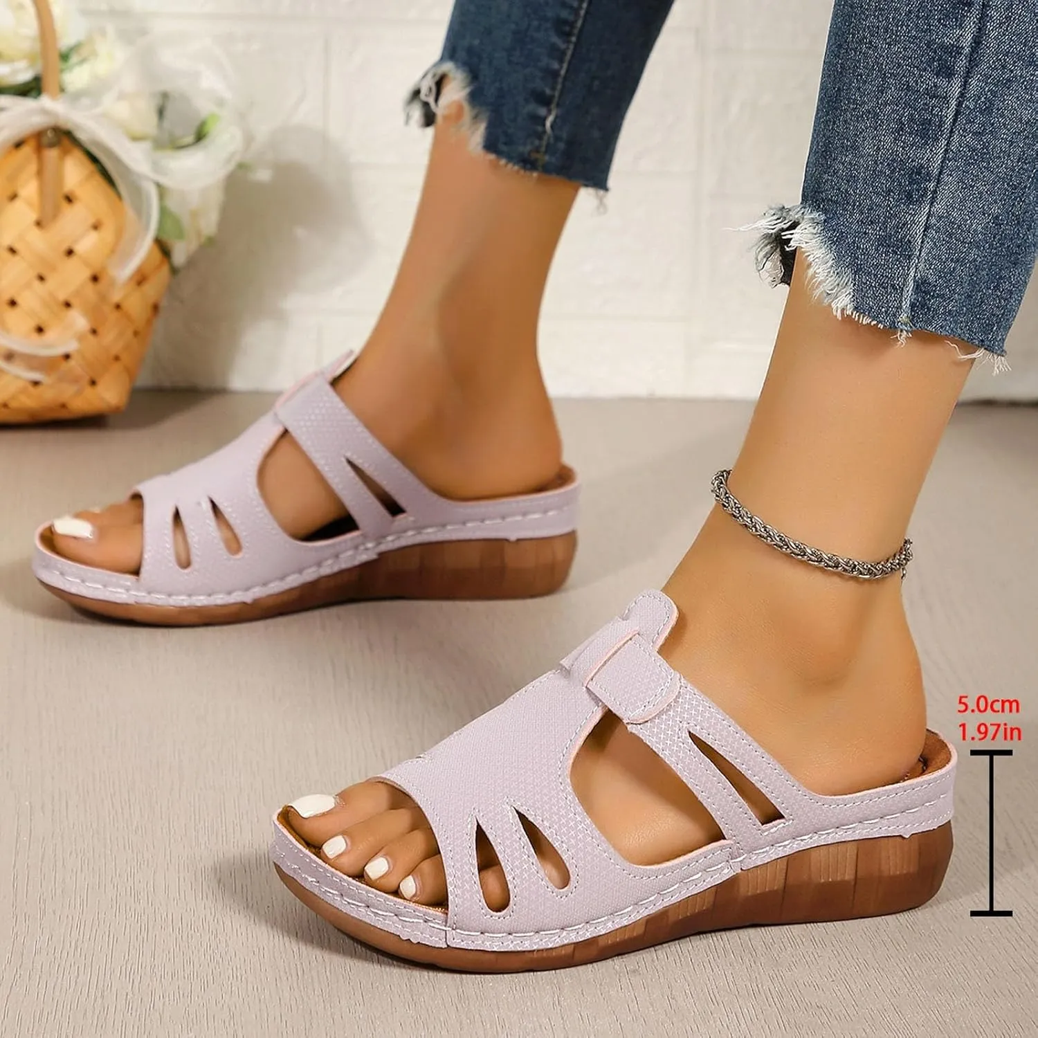 ZSpzx Women Wedge Sandals 2025,Summer Comfortable Beach Vacation Slippers Arch Support Orthopedic Slides Breathable Non-Slip Walking Footwear Indoor/Outdoor Soft Cushion Ladies Dress Casual Shoe