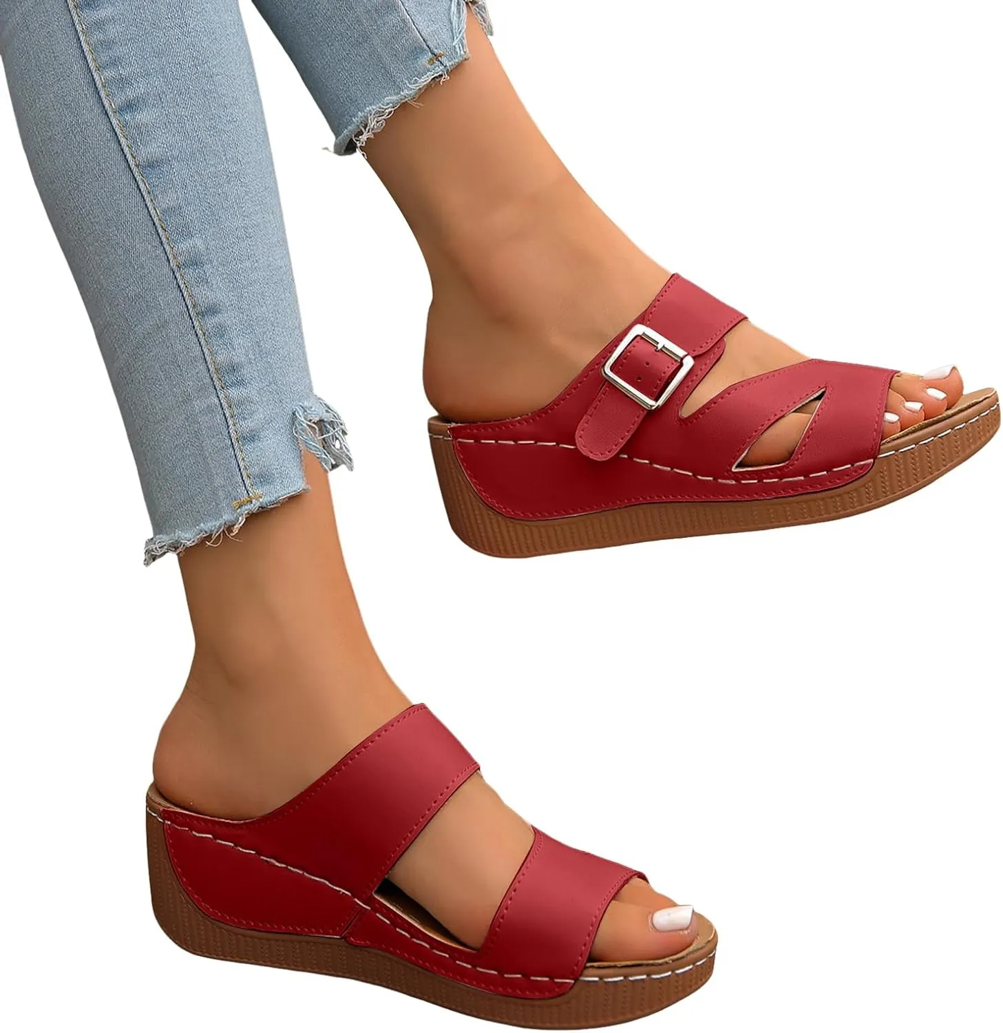 ZSpzx Women's Wedge Heel Sandals Fashion Summer Arch Support Non-Slip Walking Footwear Comfortable Ladies Dress Casual Shoe Breathable Indoor/Outdoor Slip-On Slides Beach Vacation Slippers