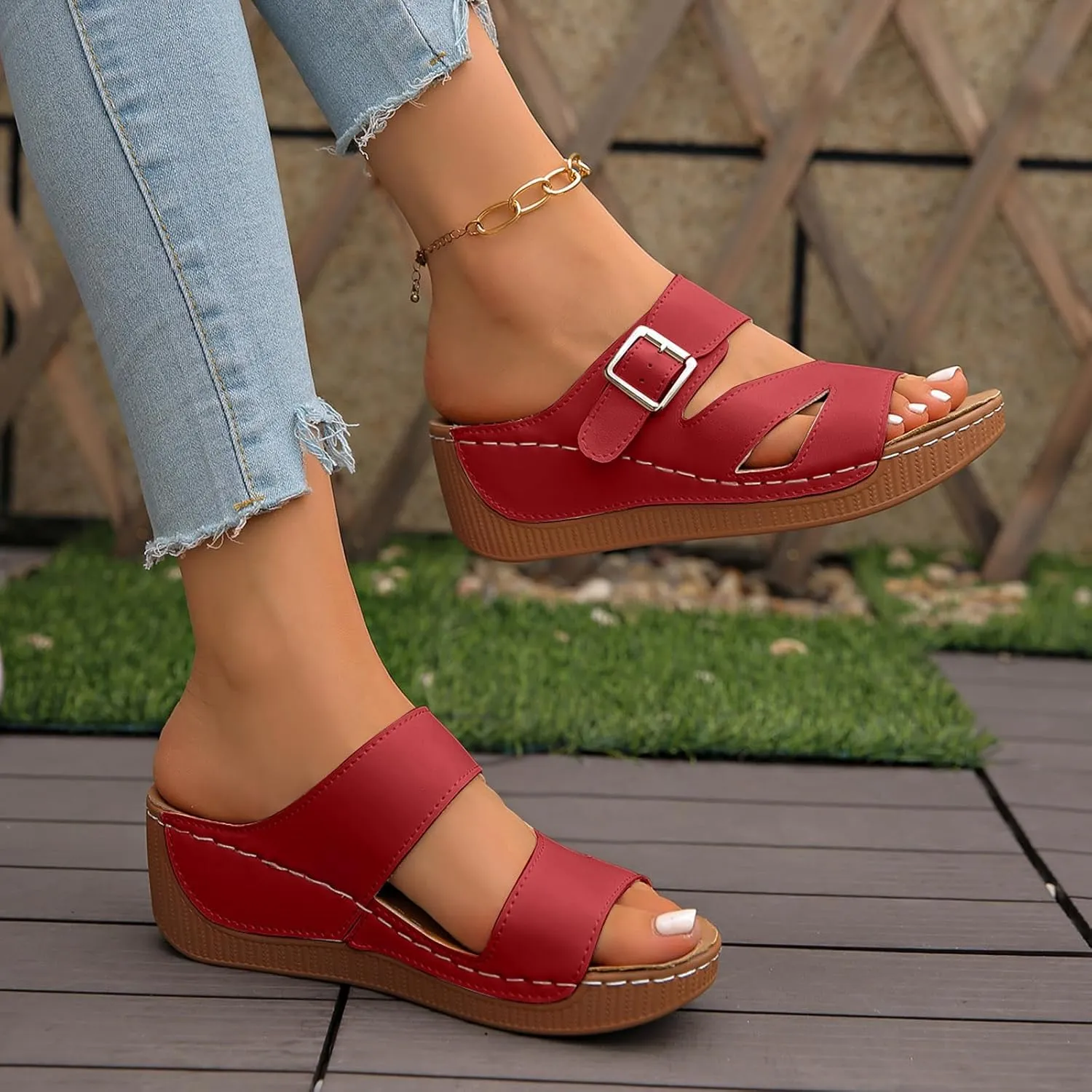 ZSpzx Women's Wedge Heel Sandals Fashion Summer Arch Support Non-Slip Walking Footwear Comfortable Ladies Dress Casual Shoe Breathable Indoor/Outdoor Slip-On Slides Beach Vacation Slippers